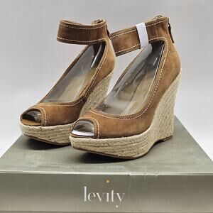 Levity Espadrille Wedge Sandal 7M Sybil Brown Cognac Suede Boho Party 4.75"H